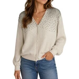 Vintage Adele Joyce Beaded Sweater Cream Grandmacore Wool Blend Women Large